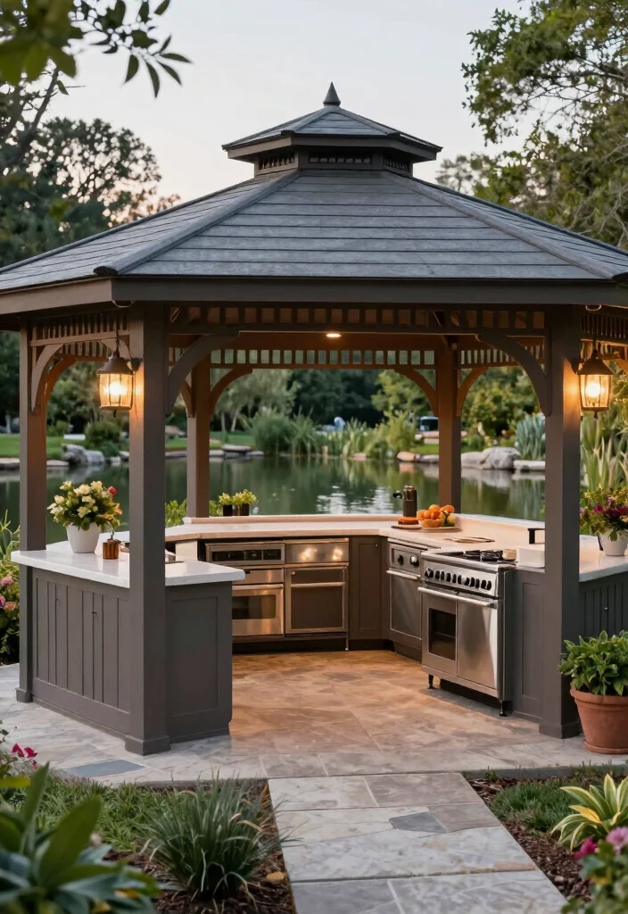 10 Pond Gazebo Ideas for Peaceful Garden Views 4. Gazebo with Outdoor Kitchen 0
