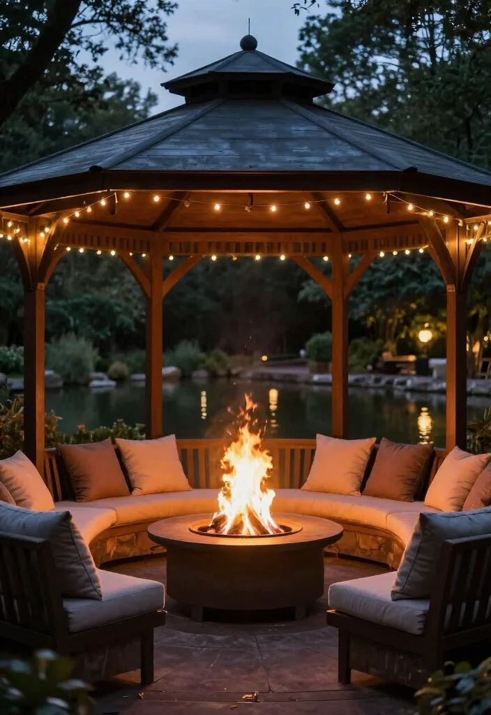 10 Pond Gazebo Ideas for Peaceful Garden Views 8. Gazebo with Fire Pit 0