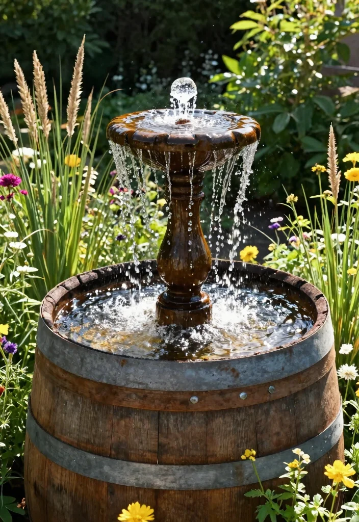 10 Pot Fountain Ideas for Easy DIY Water Features 2. Whimsical Wine Barrel Fountain 0