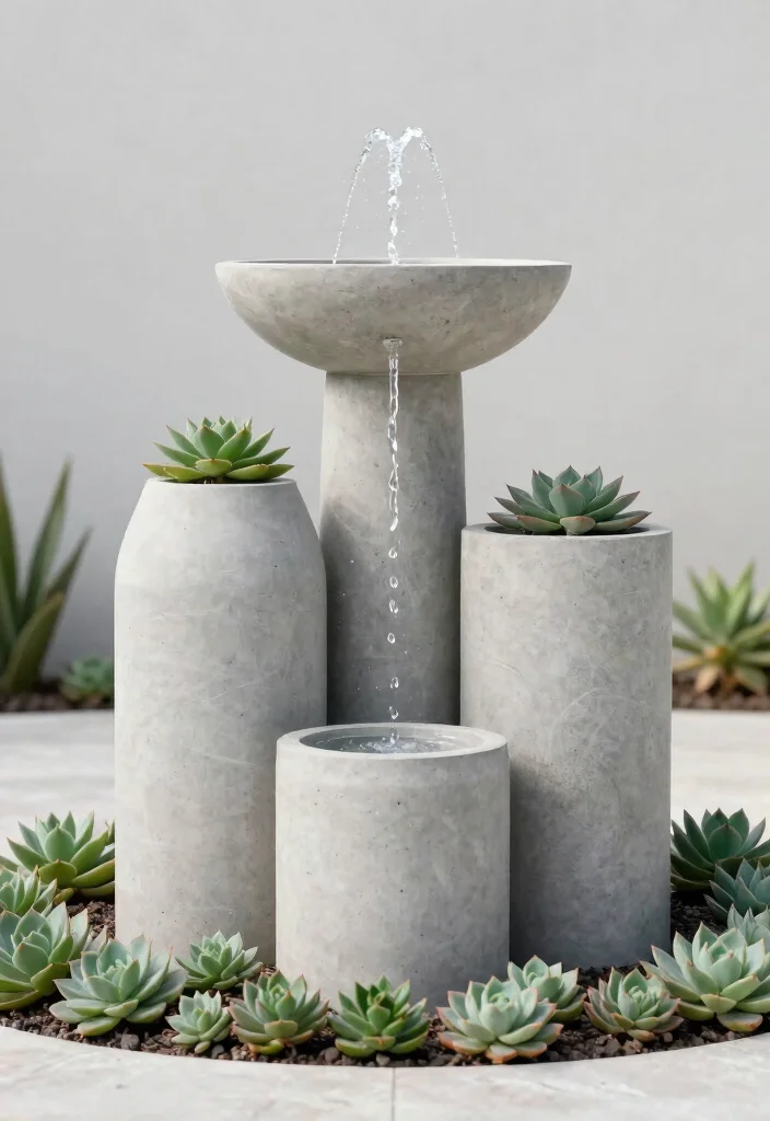 10 Pot Fountain Ideas for Easy DIY Water Features 3. Modern Minimalist Concrete Fountain 0