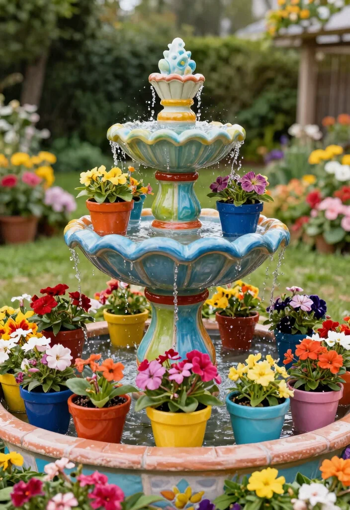 10 Pot Fountain Ideas for Easy DIY Water Features 4. Colorful Ceramic Fountain 0