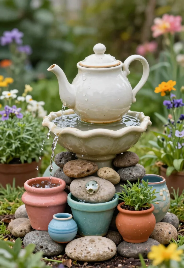 10 Pot Fountain Ideas for Easy DIY Water Features 7. Vintage Teapot Fountain 0