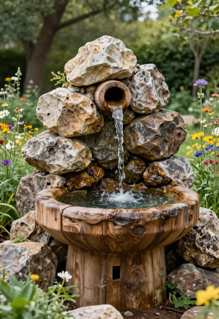 10 Rock Garden Fountain Ideas for Natural Landscapes 67 10 Rock Garden Fountain Ideas for Natural Landscapes 7. Rock and Wood Fountain Combo 0