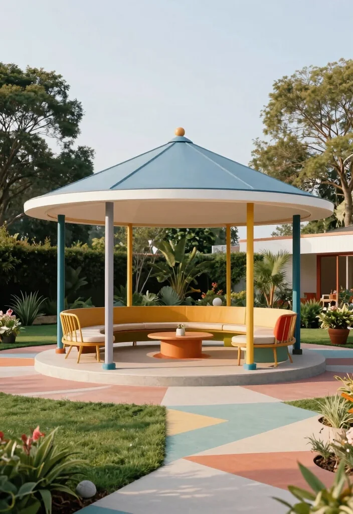 10 Round Gazebo Ideas for Balanced Garden Layouts 9. Mid Century Modern 0