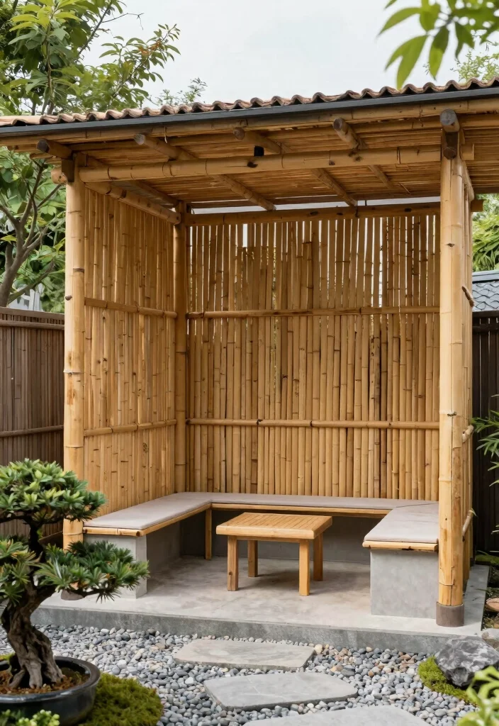 12 Backyard Pergola Patio Ideas With Privacy Screens 11. Zen Garden Pergola with Bamboo Fencing 0