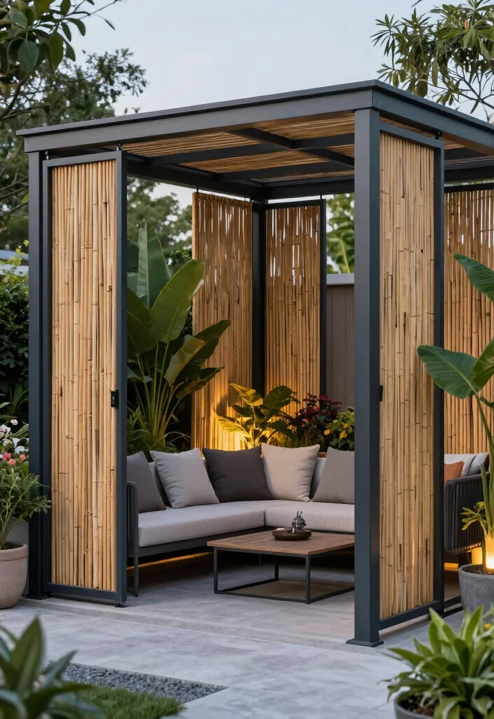 12 Backyard Pergola Patio Ideas With Privacy Screens 2. Modern Metal Pergola with Sliding Bamboo Screens 0