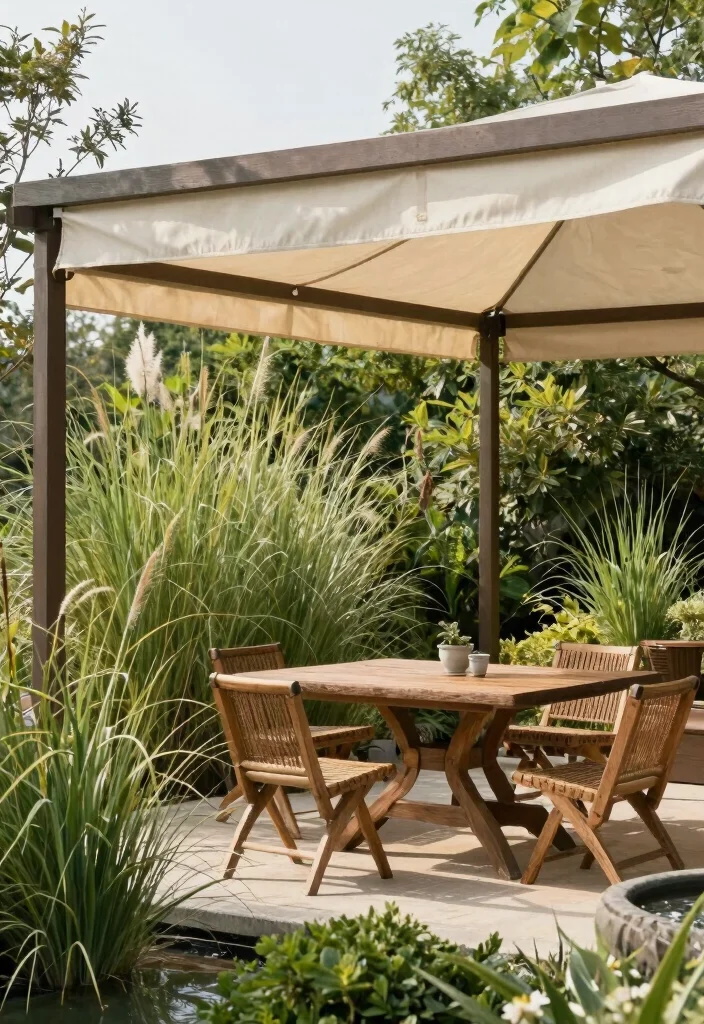 12 Backyard Pergola Patio Ideas With Privacy Screens 3. Eco Friendly Pergola with Fabric Canopy and Natural Barriers 0