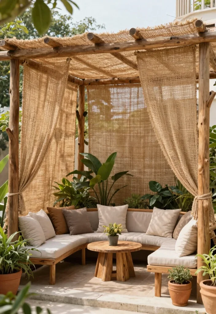 12 Backyard Pergola Patio Ideas With Privacy Screens 5. Biophilic Design Pergola with Natural Fiber Screens 0