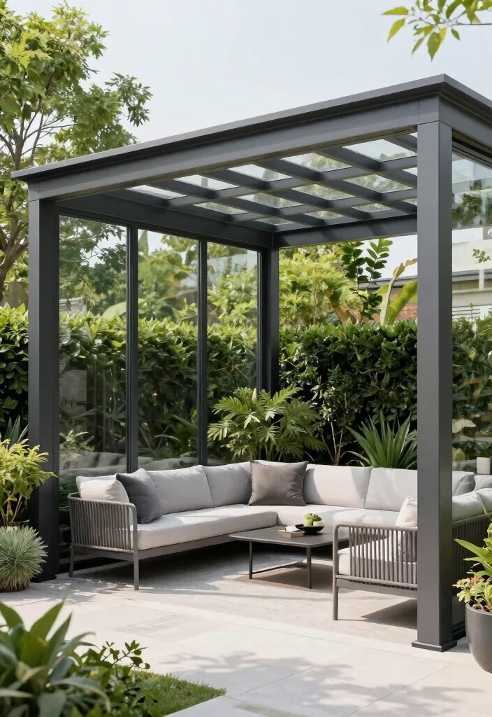 12 Backyard Pergola Patio Ideas With Privacy Screens 9. Pergola with Glass Panels for an Open Feel 0