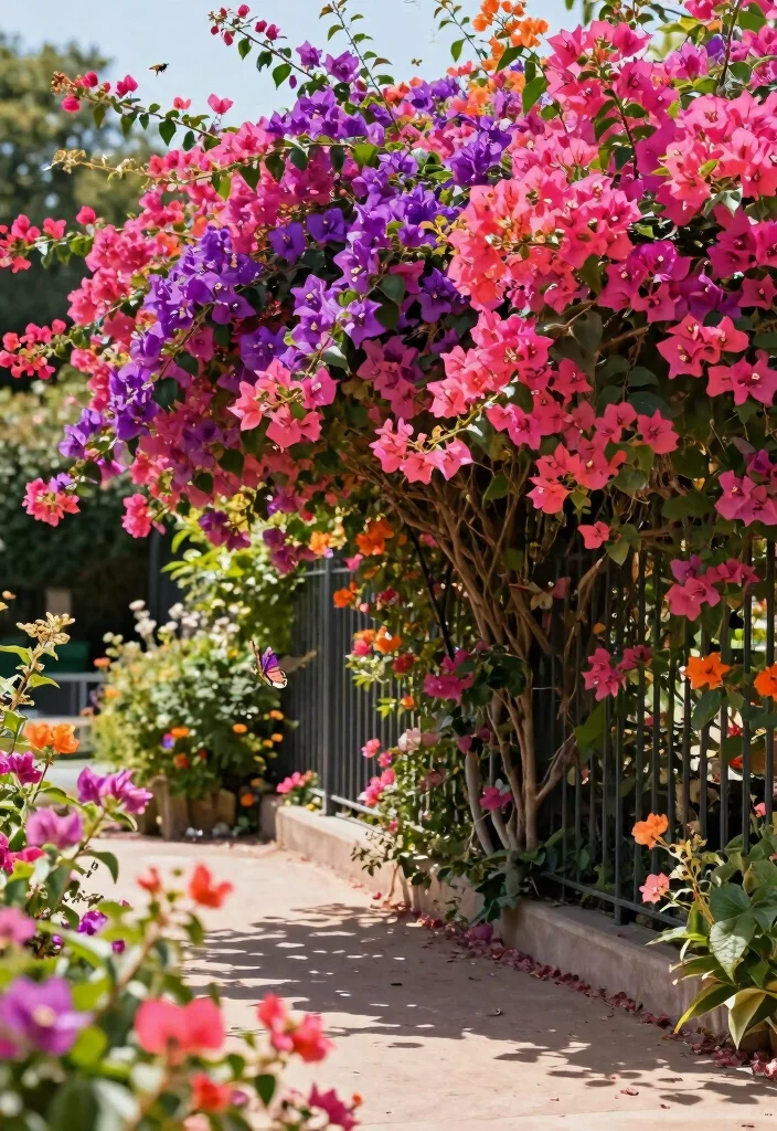 12 Fence Ideas With Plants for Natural Privacy and Soft Edges 10. Colorful Bougainvillea Coverage 0