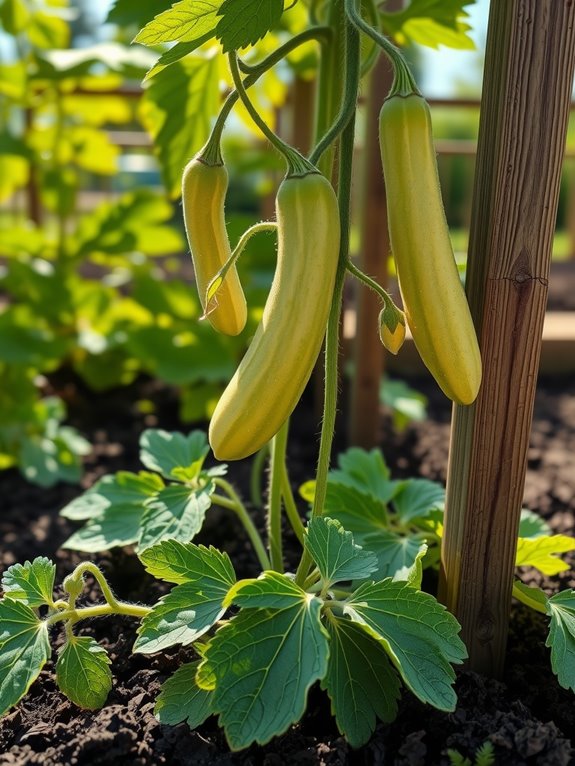 plant cucumbers train vines upward